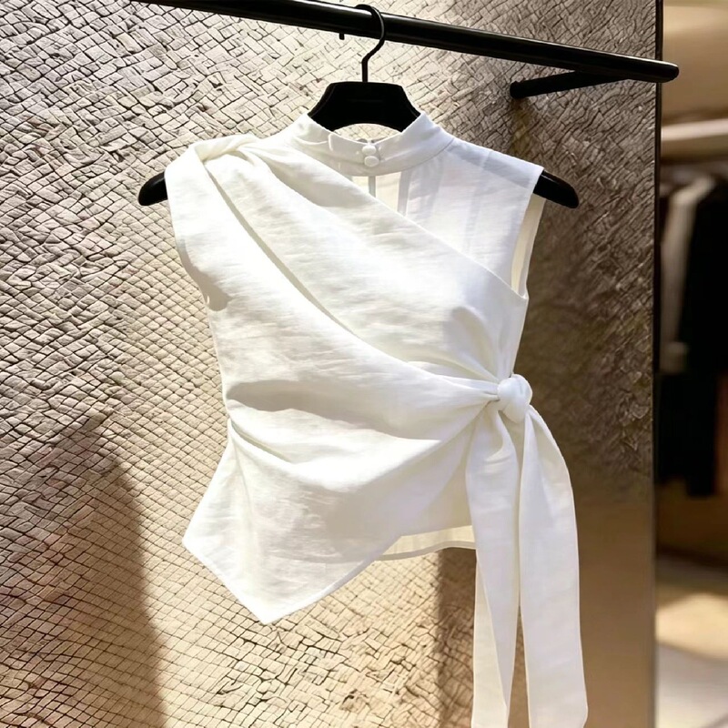 White Stand-Up Collar Irregular Tie Sleeveless Shirt for Women, 2026 Summer New Korean Style Slim Fit Fashionable and Elegant Blouse