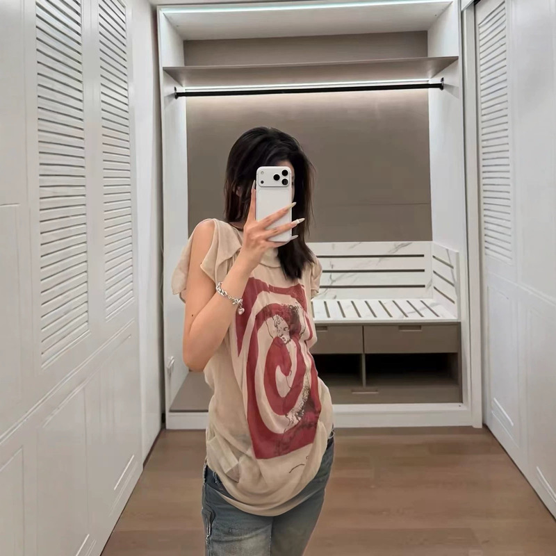 Saturn Series Niche Design Printed Summer Tank Top T-Shirt for Women, American Retro Distressed Swirl Print Top