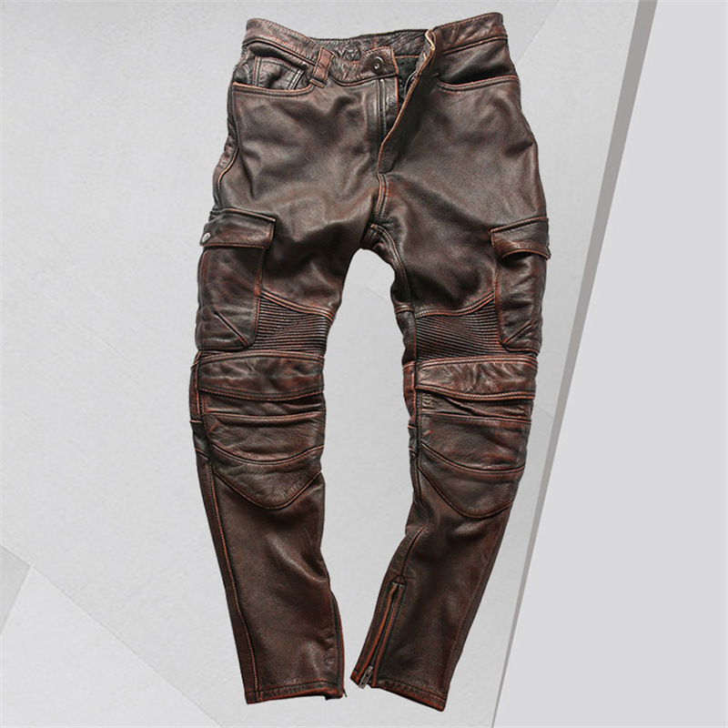 Harley Men's Genuine Leather Pants Distressed Motorcycle Pants Factory Directly Supply Installable Protective Gear Multi-pocket Cowhide Long Pants