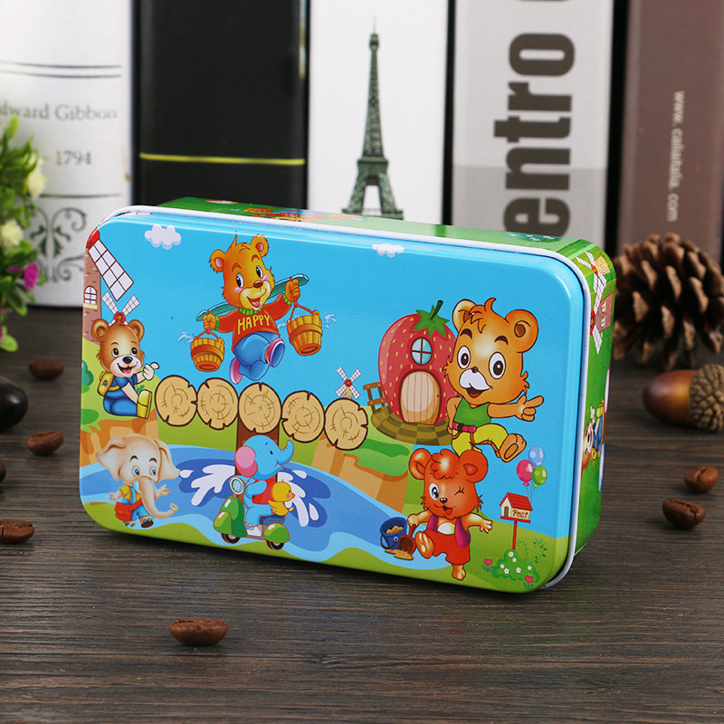 Nuevo estilo 60 piezas 200 piezas dibujos animados para niños dibujos animados madera caja de hierro rompecabezas bebé escuela primaria juguetes educativos al por mayor