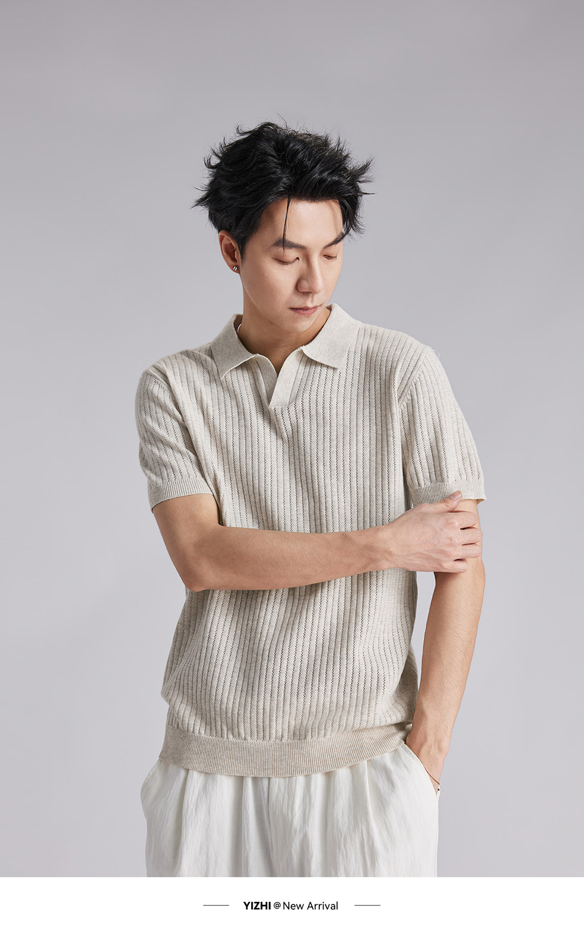Áo polo nam dệt kim phong cách cổ điển tay ngắn — đen chi tiết 9