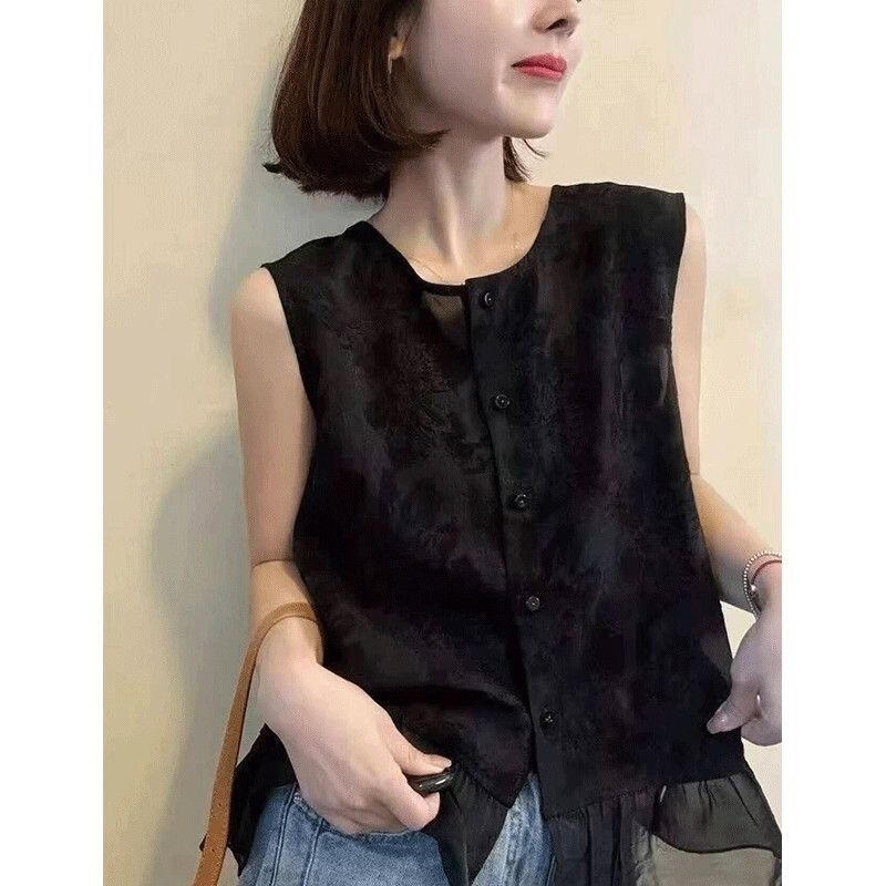 Round Neck Lace Splicing Sleeveless Jacquard Shirt for Women 2026 Summer Style Korean Fashion Pure Color Stylish Versatile Top Round Neck Lace Splicing Sleeveless Jacquard Shirt for Women 2026 Summer Style Korean Fashion Pure Color Stylish Versatile Top