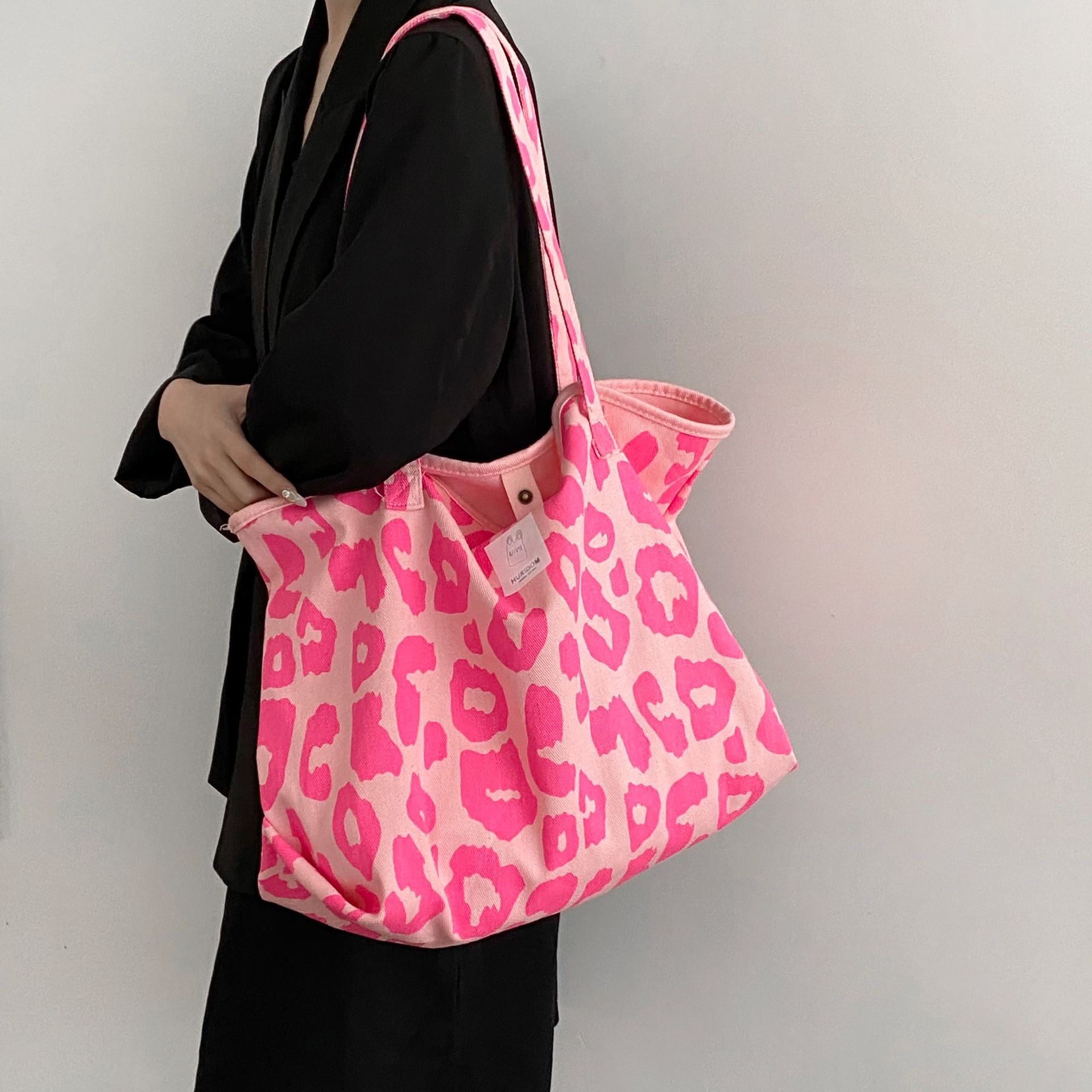 Pink Leopard Print Bag Large Capacity Tote Bag Animal Print Canvas Bag Women's Shoulder Handbag  New