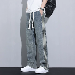 阔腿牛仔裤男款松紧腰弹力宽松直筒夏季薄款美式复古男士休闲长裤
