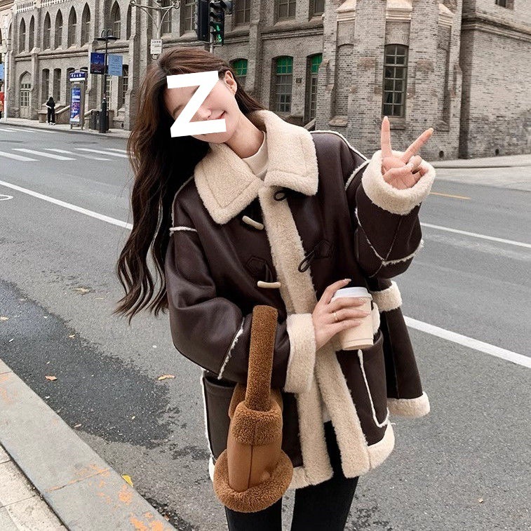 复古美拉德麂皮绒皮毛一体羊羔毛外套女冬季新款加绒加厚皮草大衣|undefined