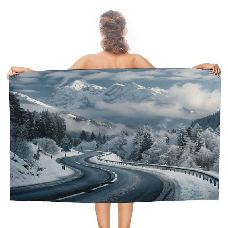 Snow Mountain Highway Beach Bath Towel Quick-drying Sand-proof Winter Nature Jungle Tree Towel Sports Camping Vacation Gym Water