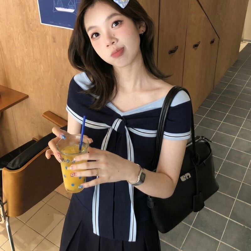 Zy628 French-Style Navy Collar Striped Off-Shoulder Short-Sleeve Knit Top Slim Fit Vintage Chic Versatile Women's Top