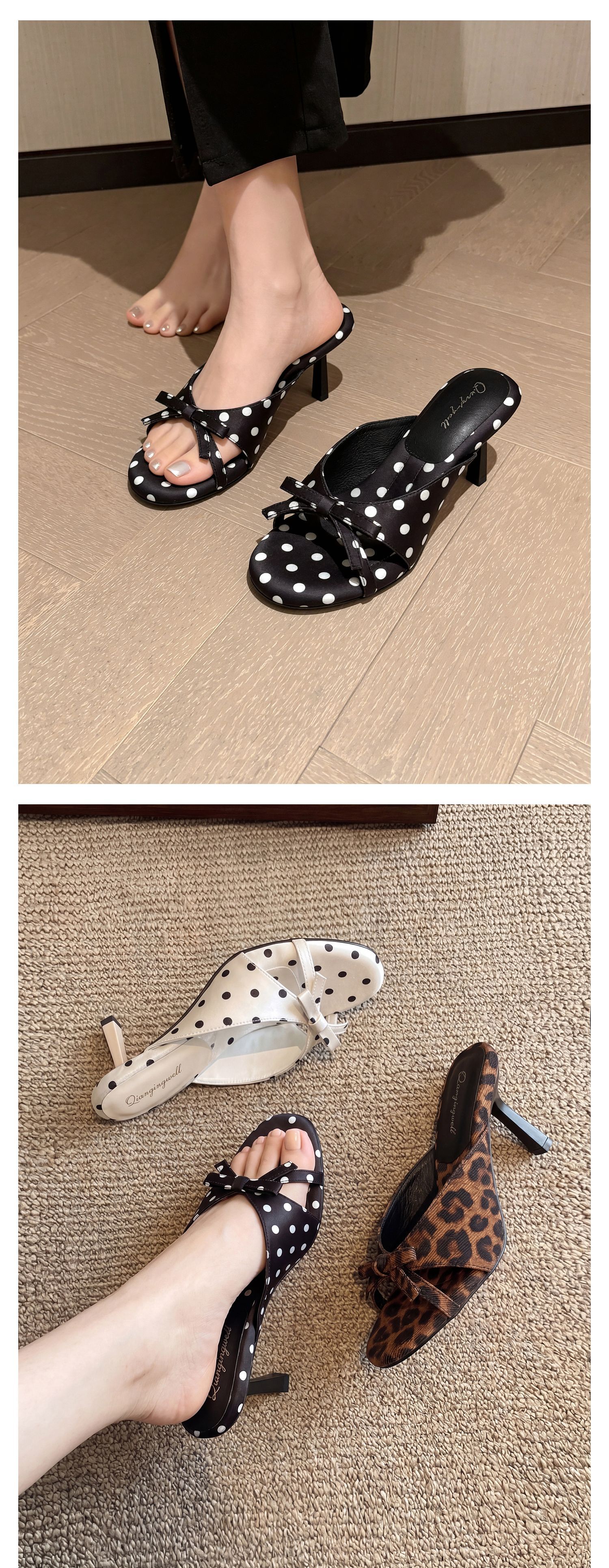 Sandal cao gót nữ hở mũi phong cách Pháp, chất liệu satin họa tiết chấm bi/chấm sóng, gót nhọn 9 cm — Điểm sóng đen, Trang chủ, Điểm sóng trắng chi tiết 15