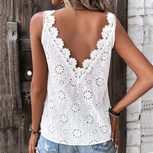 气质V领刺绣镂空背心花边肩带2023跨境欧美亚马逊新款女上衣现货