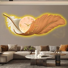led带灯钟表时钟羽毛轻奢高档大气高级感饭厅餐厅装饰画客厅挂画