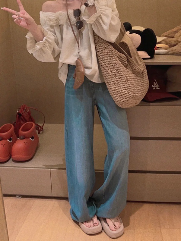 浅蓝高腰牛仔裤女秋季2025宽松直筒复古百搭显瘦垂感阔腿加长裤子|undefined