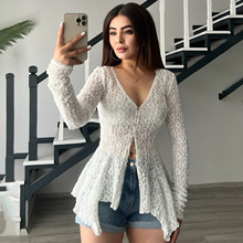 欧美跨境新款时尚纯色镂空蕾丝纽扣开衫气质V领开叉修身喇叭长袖