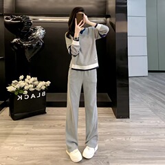 女性用ファッショナブルなカジュアルスポーツスーツ 2025 春と秋の新しいスタイル、ファッショナブルでゆったりとした痩身グレーのツーピースコットンセット