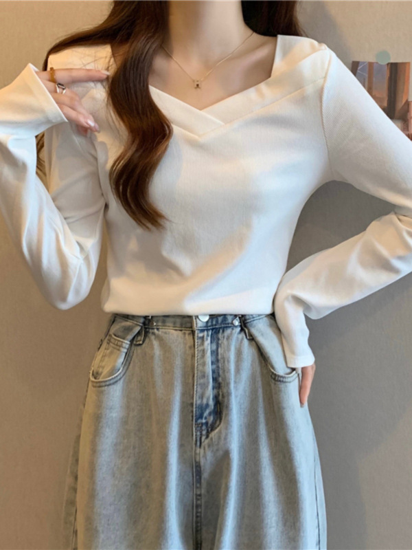 纯色简约V领长袖T恤女春秋磨毛打底衫韩版内搭修身显瘦上衣服|undefined