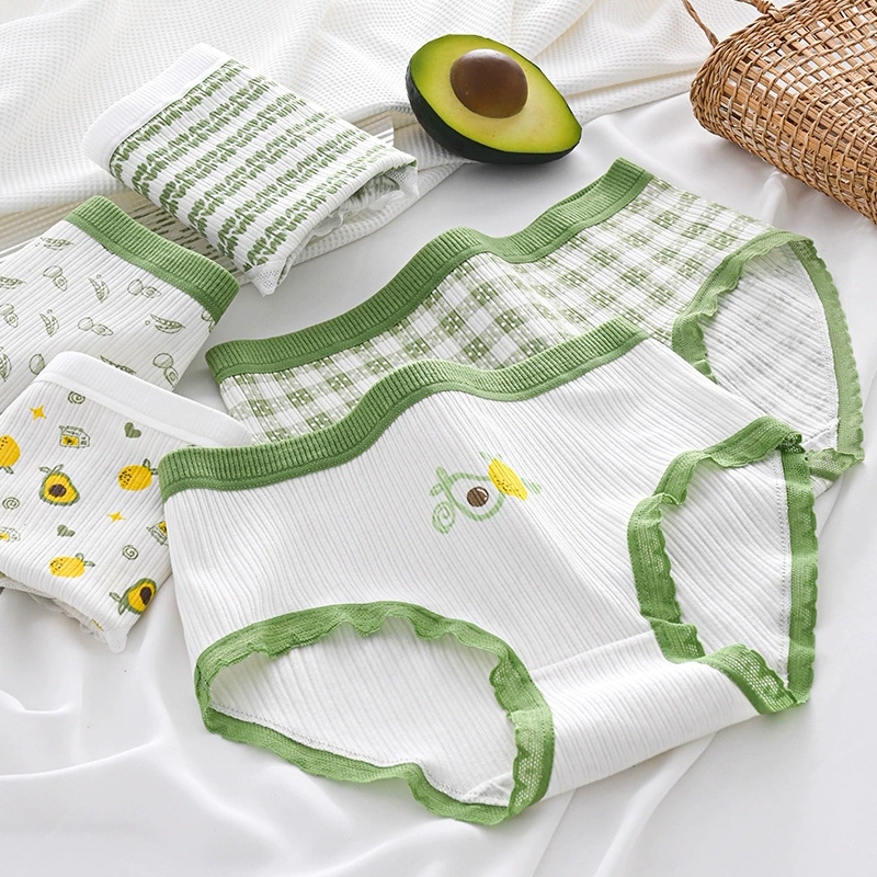 Милые женские трусы с принтом в японском стиле, зеленые авокадо, средней талии, облегающие бедра, удобные дышащие трусы для молодых девушек и студентов