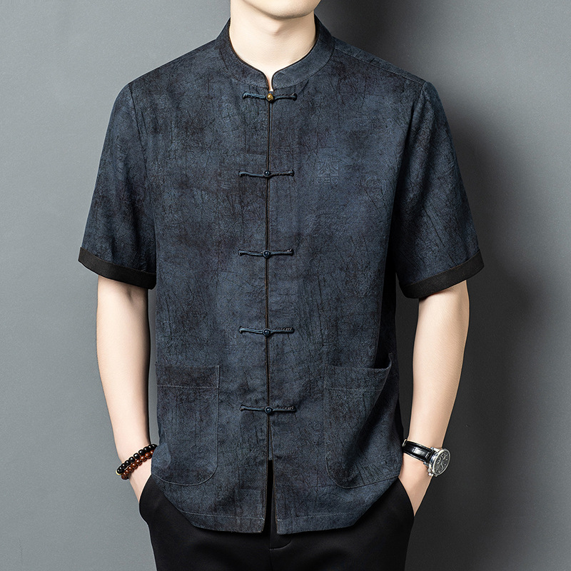 Áo thun nam tay ngắn lụa tơ tằm phong cách Trung Hoa cổ điển, chất liệu Mulberry Silk cao cấp — màu xanh da trời26201