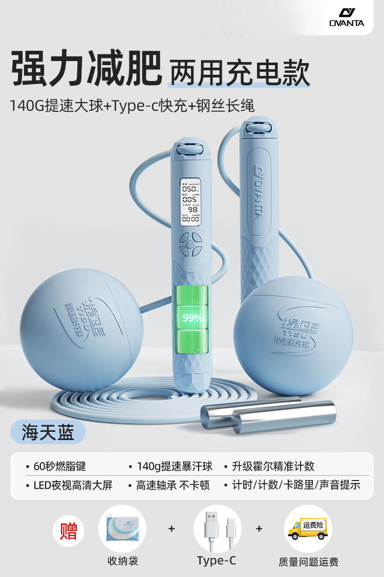 [이중 사용/Type-c 고속 충전] 65mm 무선 볼 + 긴 로프/하중 450g/블루