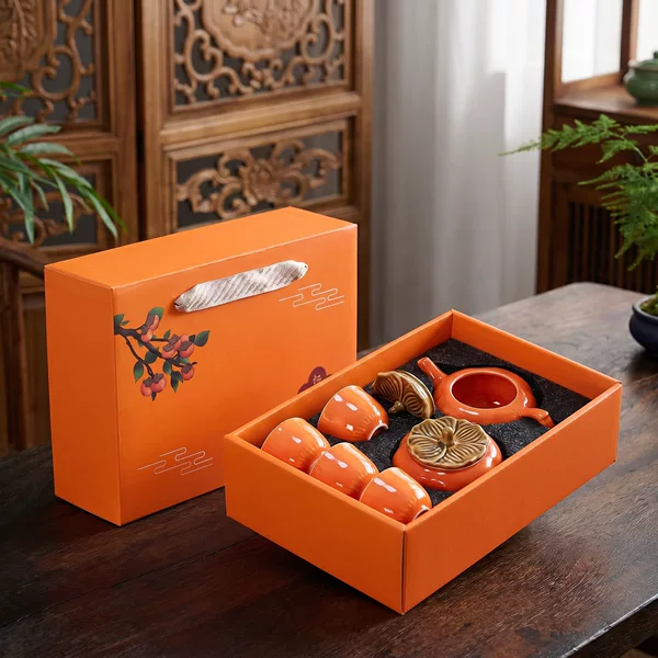 Persimmon-themed tea set gift box, housewarming gift, opening celebration, corporate gift for clients and employees, wholesale