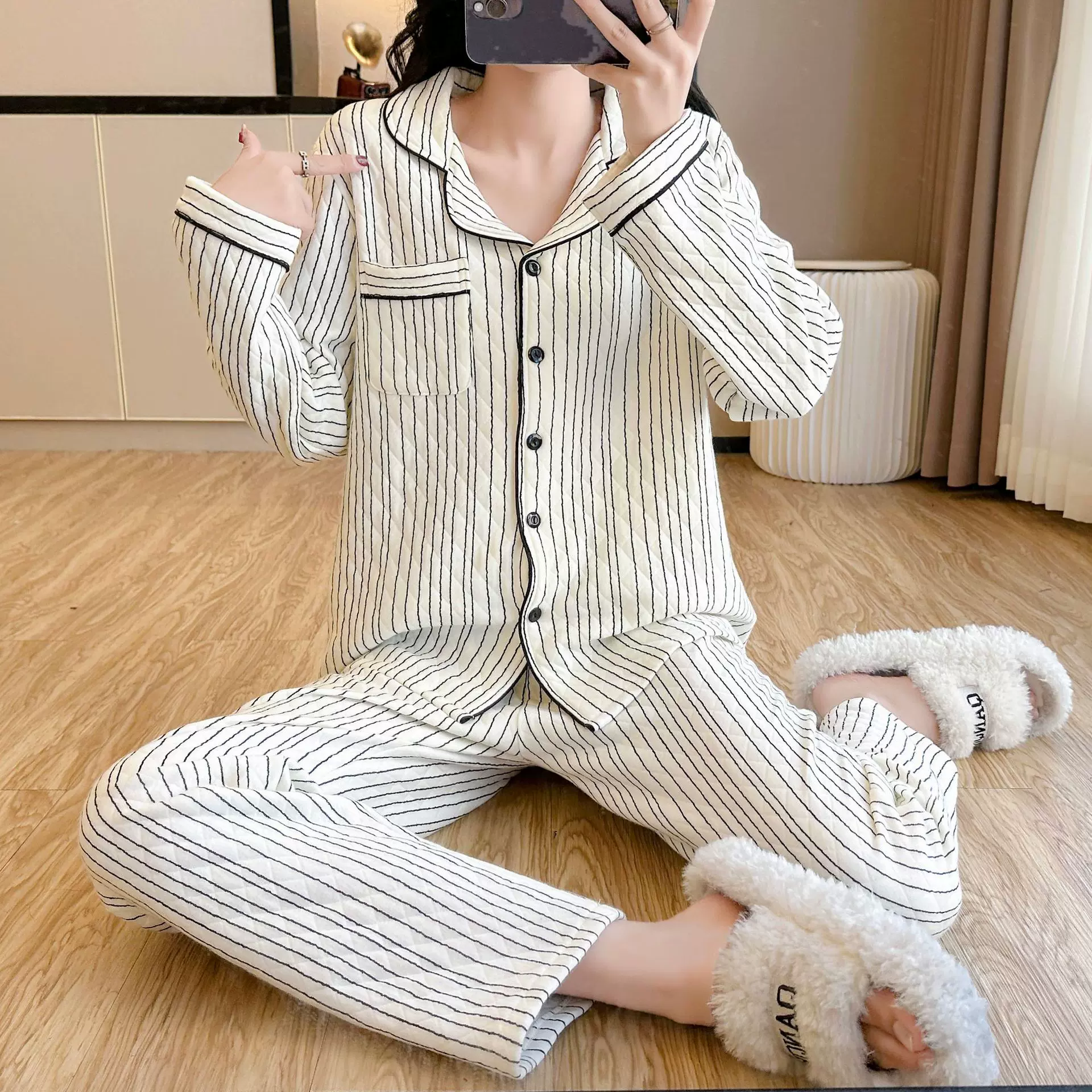 睡衣秋冬女新款空气层三层保暖纯棉日系翻领长袖长裤套装家居服