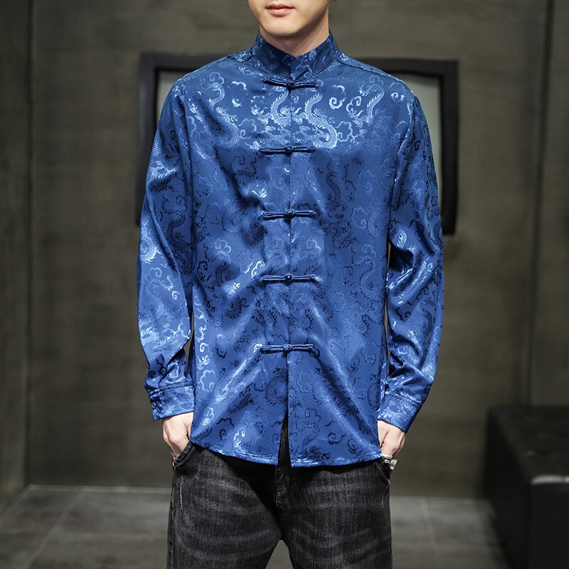 Spring and Summer new Chinese style men's retro buckle shirt dark pattern satin plus size jacquard Chinese Tang suit shirt for men Spring and Summer new Chinese style men's retro buckle shirt dark pattern satin plus size jacquard Chinese Tang suit shirt for men
