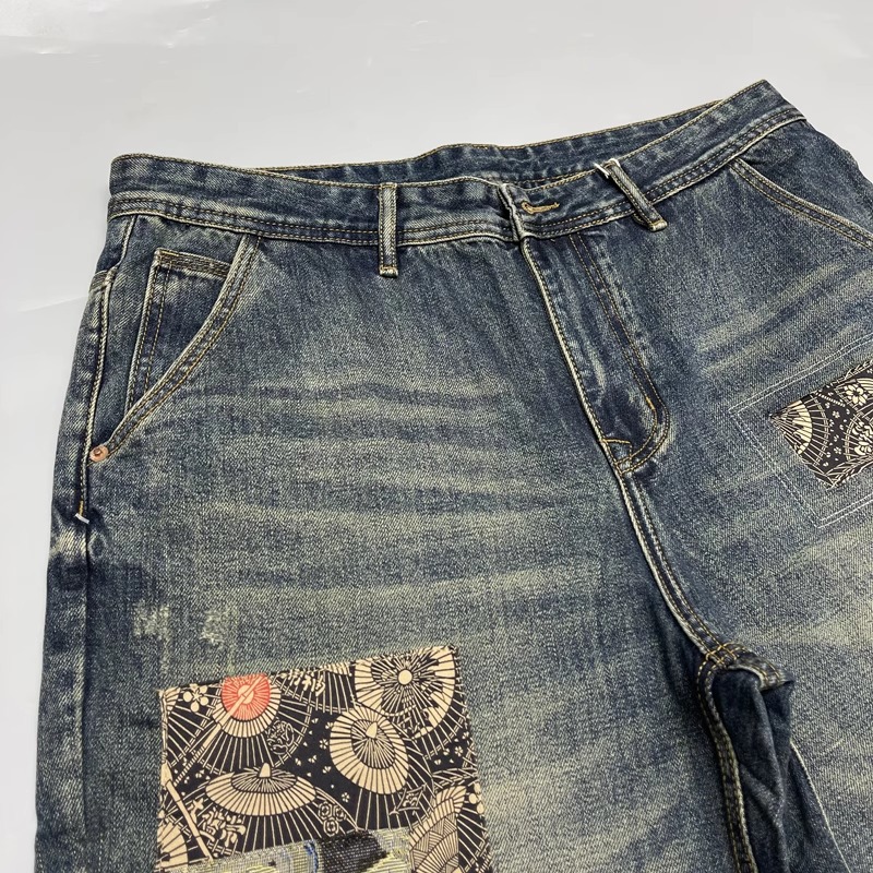 Men's Summer American Retro Loose Straight Leg Jeans Ripped Patches And Patchwork Versatile Long Pants_mkmklike.com