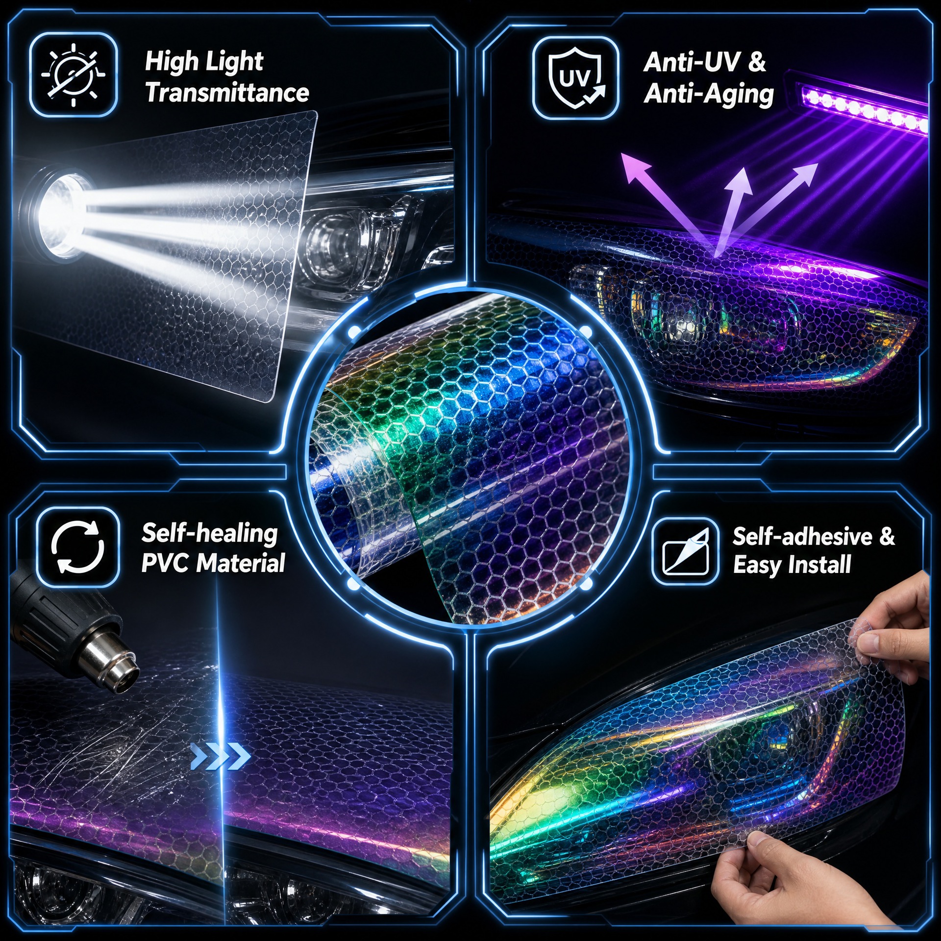 Car headlight film, PVC headlight film, honeycomb laser carbon fiber film, TPH taillight film, available in black, white, yellow, and gray