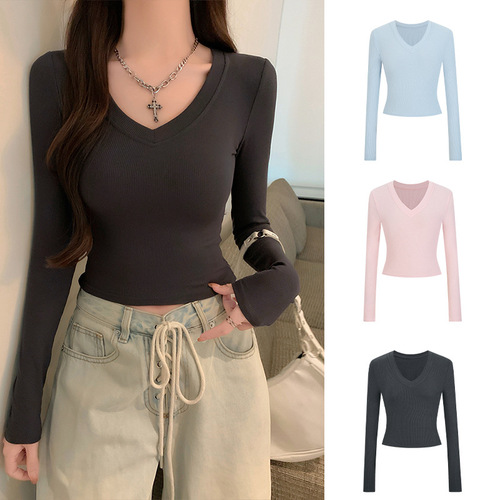 Moses Queen V-neck long-sleeve women's spring short-sleeve pure color base shirt top 62808