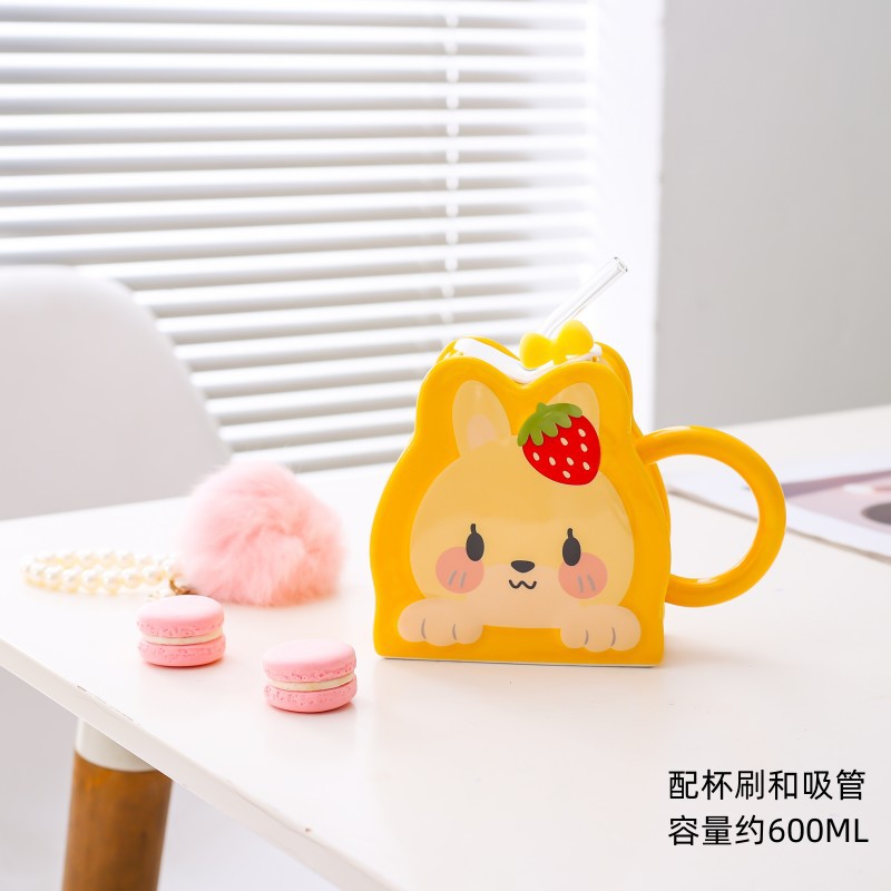 Taza de paja de cerámica creativa de dibujos animados lindo conejo taza Rosa chica corazón gran capacidad pareja taza de agua