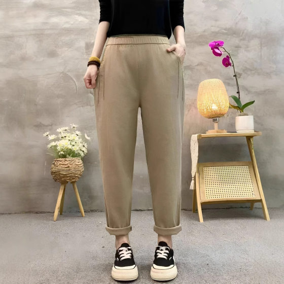 Twill Cotton Hallen Pants Women's Spring and Autumn High Waist Loose Casual plus size Cropped Straight Pants for Middle-aged Mothers
