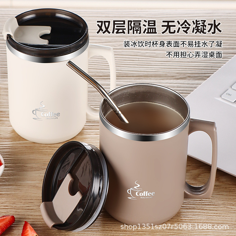 304 doble capa con cubierta de paja de acero inoxidable taza de agua taza de té de oficina en el hogar taza de café caja de regalo