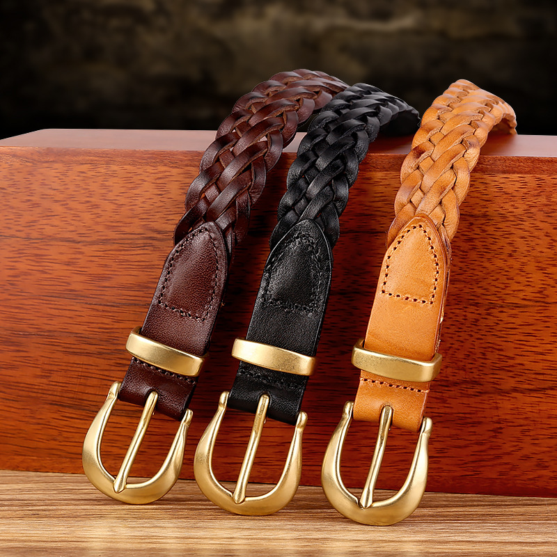 皮帶女2024新款古銅金扣手工編織真皮腰帶女百搭復古配褲腰帶