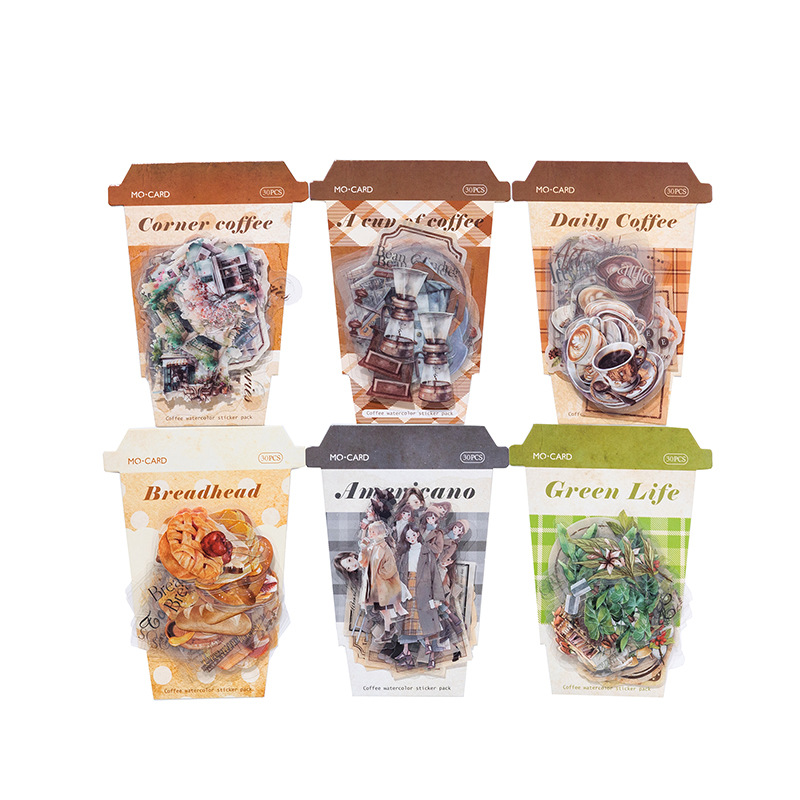 Boleto de pegatina de tinta blanca Mo Mo PET, taza de café, serie de tiempo, etiqueta decorativa de bricolaje de cuenta de sal retro ligera