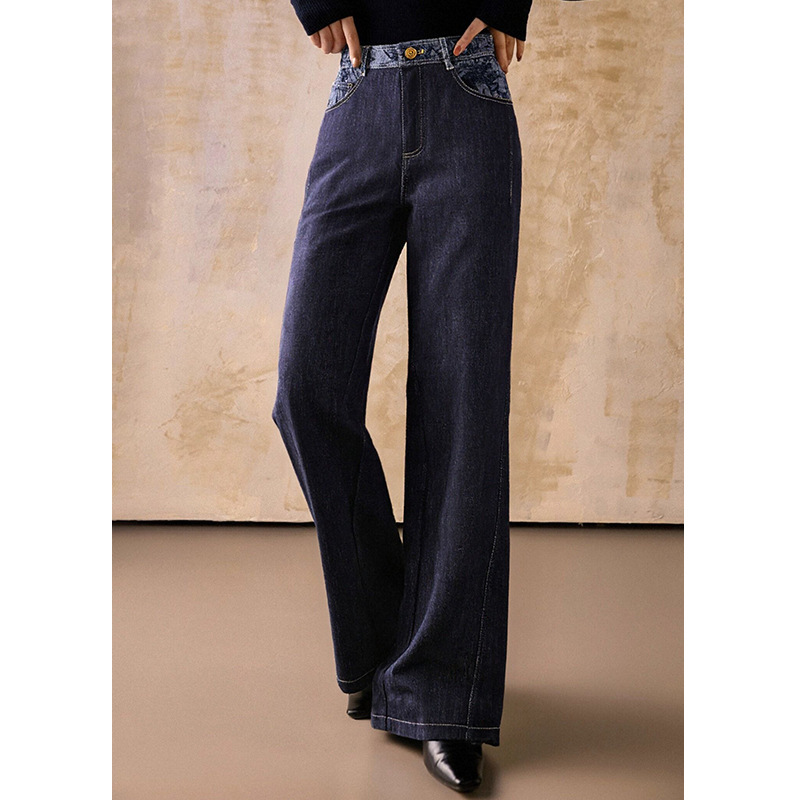 [Ya*Order] Designed Waist Flower Navy Blue Jeans for Women 2025 Autumn and Winter New High-End Accessible Luxury Straight Pants