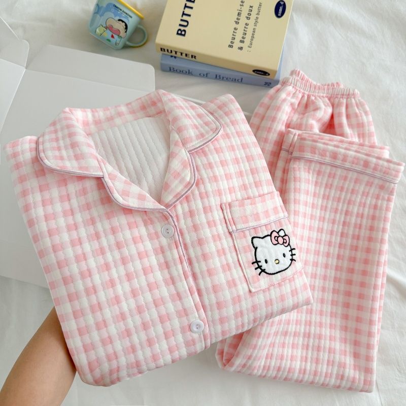 Algodón de aire al por mayor transfronterizo pijama intercalado de mujeres otoño invierno calentamiento algodón intercalado grueso cardigan dulce ropa de casa a cuadros