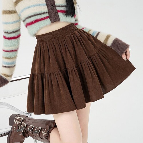 Puffy coffee color European cotton wool autumn and winter skirt elastic waist New elastic high waist slimming short skirt