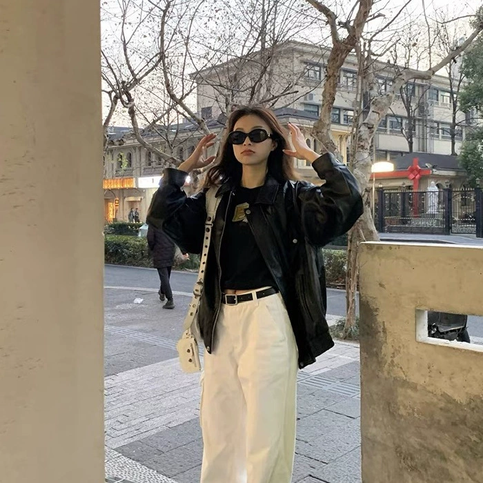 Polyurethane Short Retro Jacket with Zipper - Autumn Oversized Loose Fit, American Style - Black