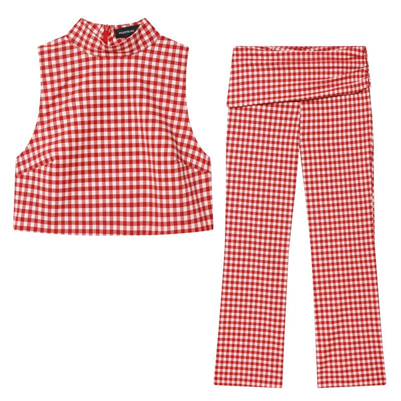 Saw Aliexpress Independent Site New Women's Clothing Sleeveless High-Neck Plaid Top Mid-Waist Small Plaid Capri Pants