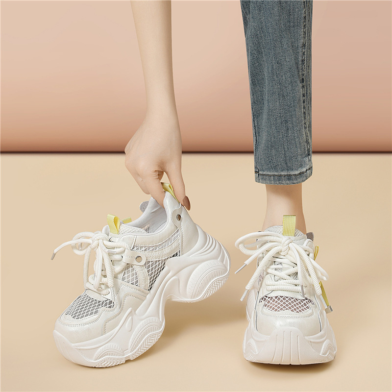 Giày sneaker nữ đế dày tăng chiều cao lưới thoáng khí mùa hè — 6158 Xám, 6158 Màu vàng
