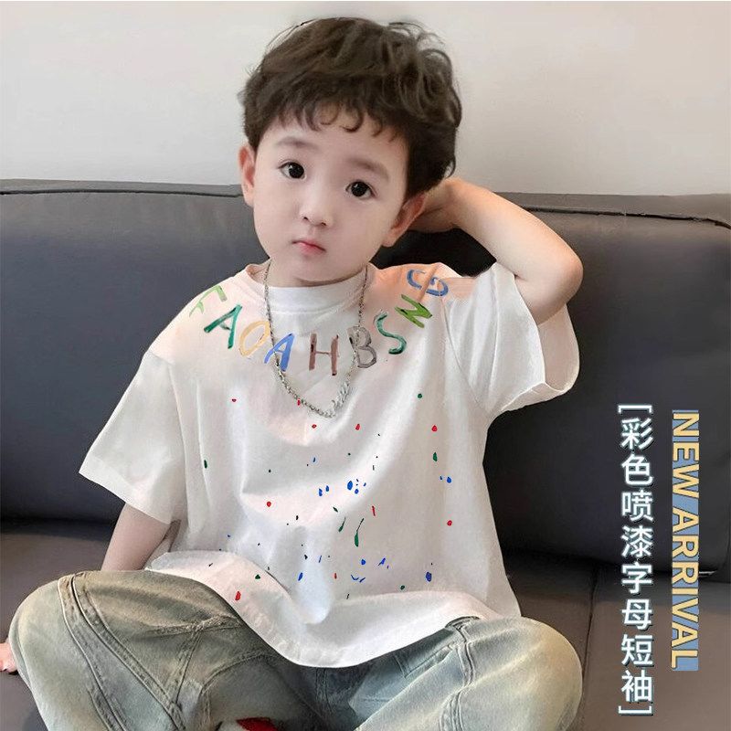 Boys' short-sleeved T-shirt, 2026 summer new style, Korean style, cool and trendy, street style, children's pure cotton T-shirt.
