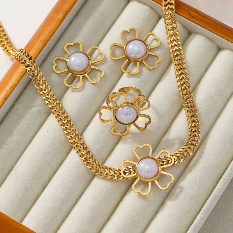 Cross-border Internet Popular Simple Flower Hollow Pearl Eyes Mori Pure Desire Necklace Earrings Ring 3 Pieces suit