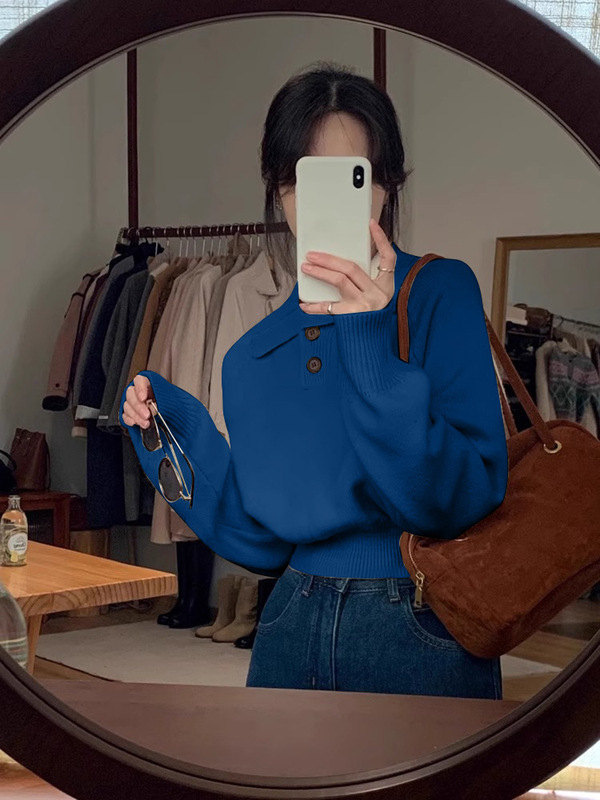 韩系穿搭蓝色polo领毛衣内搭上衣女夏季外穿短款高级感软糯针织衫|undefined