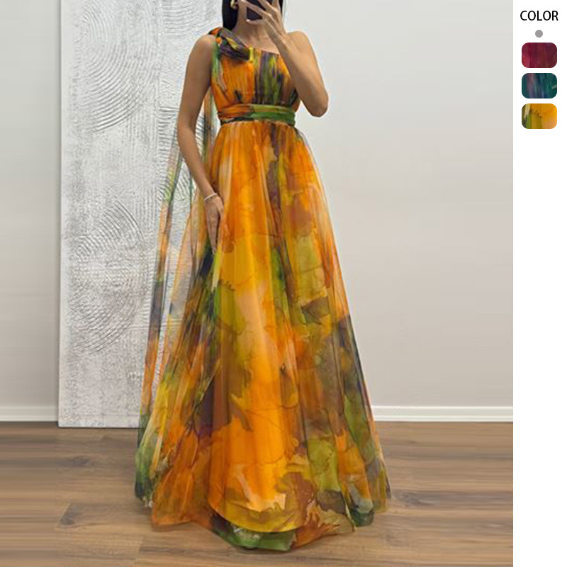 Cross-Border Ins Vacation Casual Party Dress 2026 European and American Spring/Summer New Mesh Printed Strap Dress