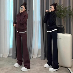 春秋季大码胖mm运动服套装女连帽外套直筒阔腿裤两件套240斤酒红
