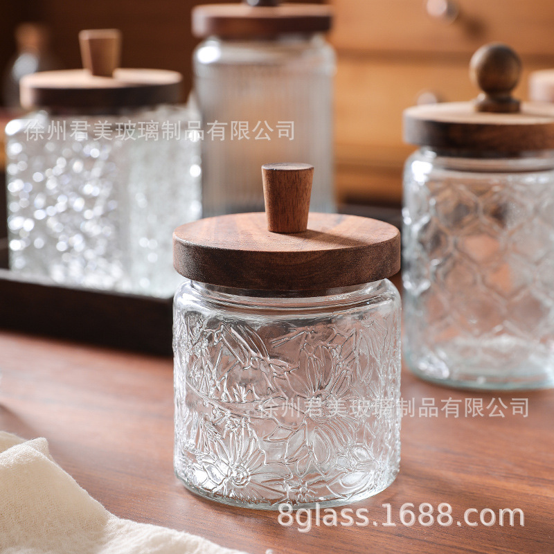 Tanque de almacenamiento de vidrio retro Begonia casera granos naranja frutas secas lata de almacenamiento de té lata de Acacia cubierta de madera mayorista