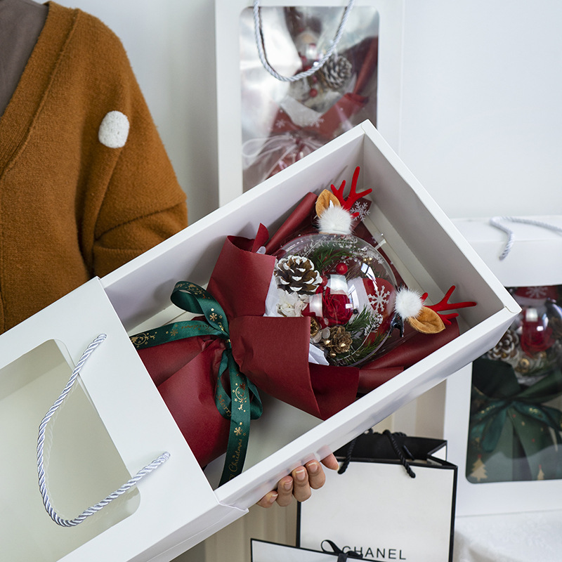 Ramo de Navidad rosa roja flor eterna ola bola ramo de Navidad caja de regalo al por mayor