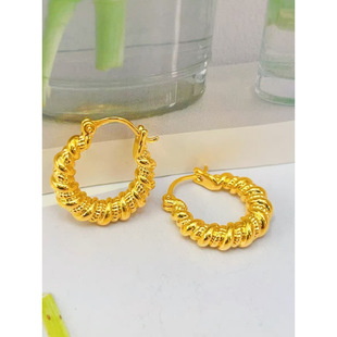 Authentic genuine goods Thai gold earrings Liu Yifei with twist earrings lucky beads check earrings all-match personality