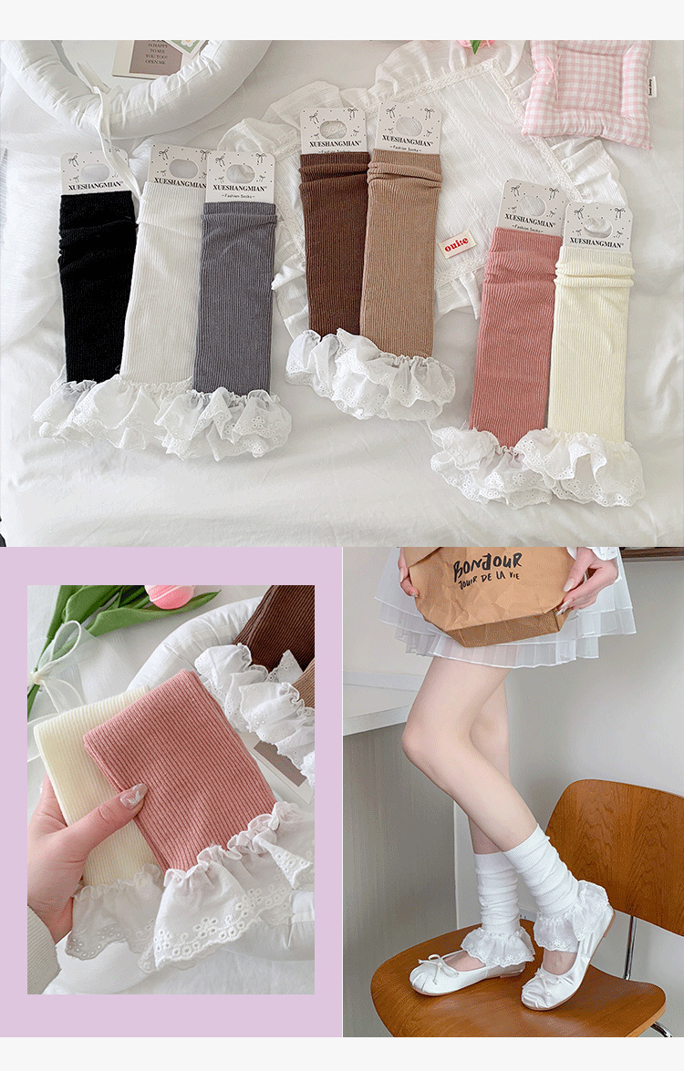 Scaldamuscoli Bootshang Calzini in cotone per donna con doppio ago in pizzo in tessuto a metà tubo Lolita con risvolto in pile Scaldamuscoli svasati in stile balletto dolce_voghion.com