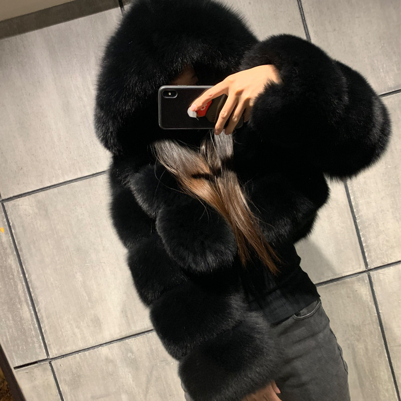 Fur Outwear Women's Short 2024 New Autumn and Winter Hooded Splicing Imitation Fur Outwear Fox Fur Long Sleeve Splicing