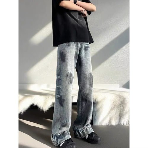 Cross-border retro dirty design, worn-out straight-leg jeans for men and women, high street slimming, ripped, frayed, wide-leg, drooping feeling.