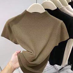 纯色显瘦洋气半高领针织短袖打底衫女2025春夏季新款修身简约上衣
